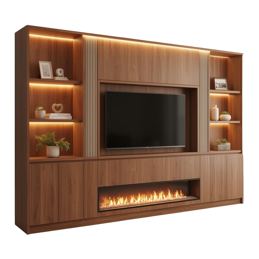 A finished bespoke media wall with warm wood, integrated lighting and linear fire